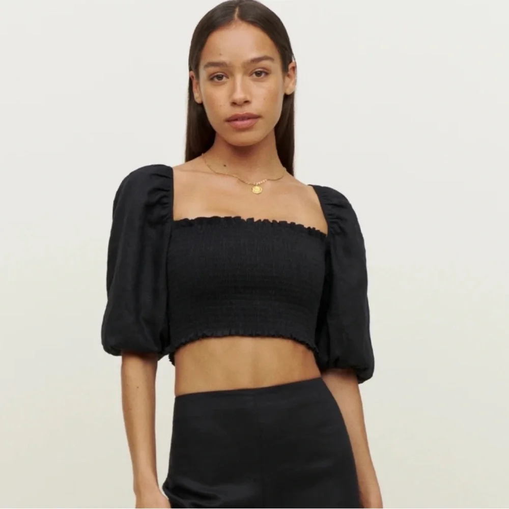 Reformation Linen Elegant Black Puff Sleeve Crop Top